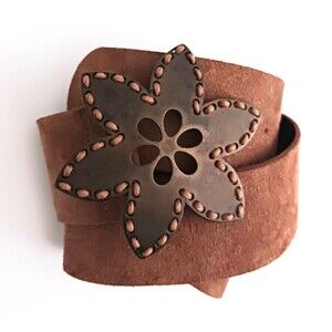 Albatros Brown  Leather Belt Burnished Brass Flower Buckle Sz S Made in Italy